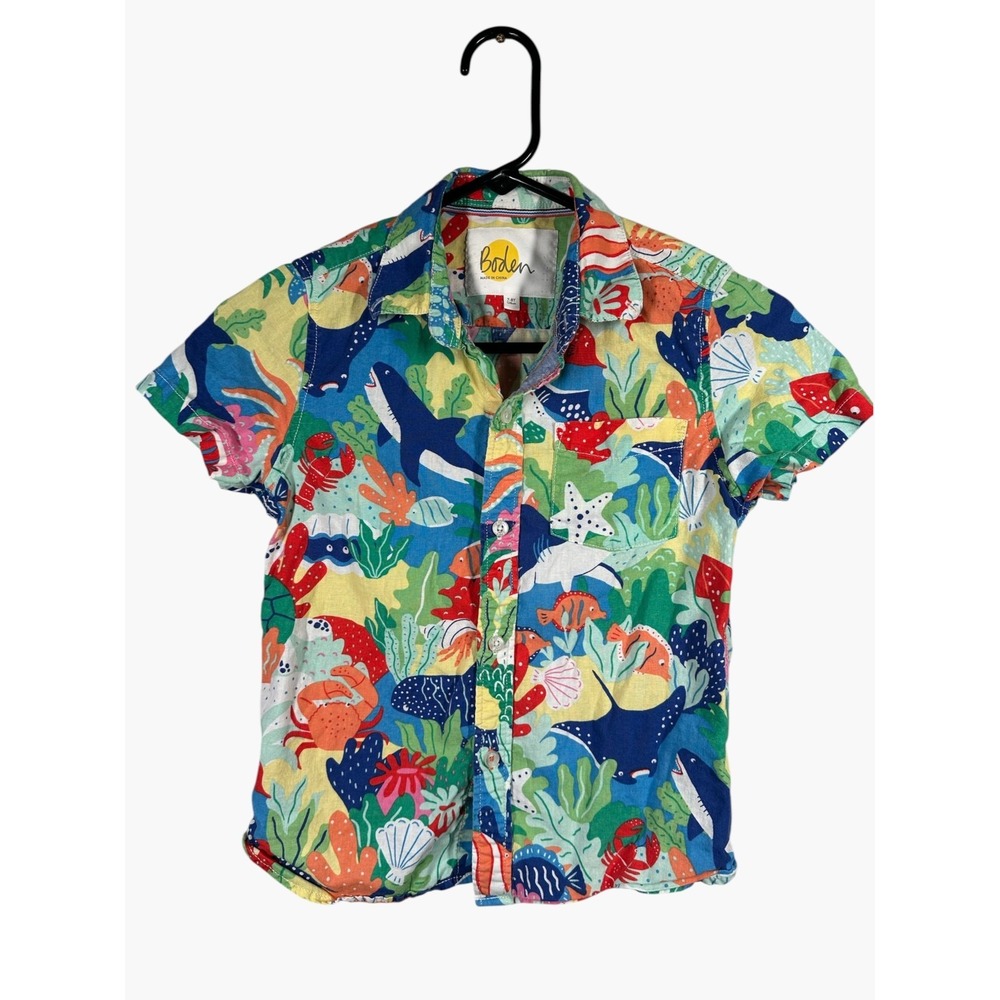 Boden 7-8 Kids Button Top Shirt Colorful Short Sleeve Boys Sea Animals Collared